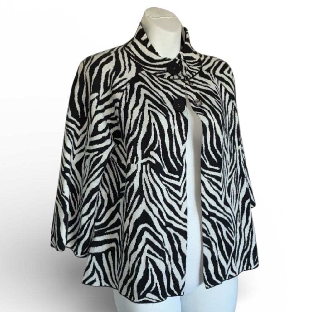 KIM ROGERS Black White Zebra Print Cardigan Jacket 3/4 Sleeve M